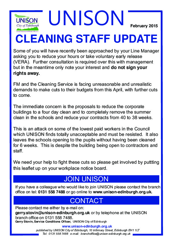 Cleaning staff don't sign your rights away UNISON City of Edinburgh