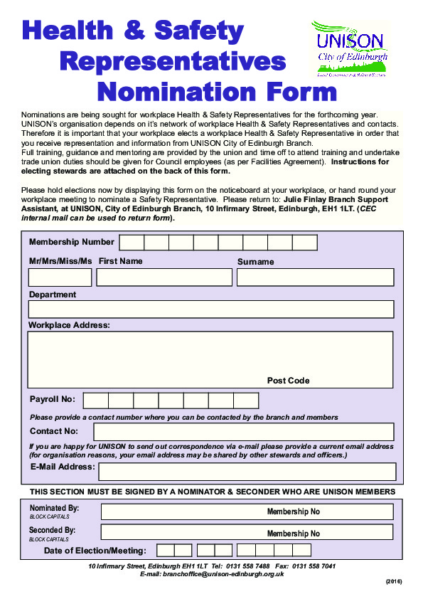 Health & Safety Nomination Form - UNISON City Of Edinburgh